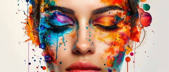  a close up of a woman's face with multicolored paint splattered all over her face.