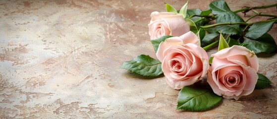  a bunch of pink roses sitting on top of a marble counter top next to a green leafy branch of a plant.