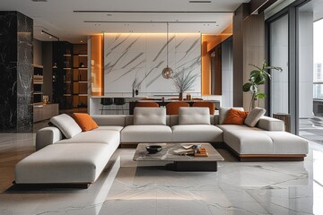 Modern luxury spacious penthouse living room interior design with comfortable sofa, coffee table - obrazy, fototapety, plakaty