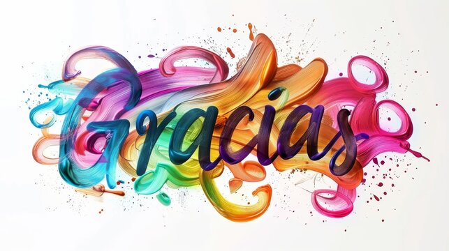 Gracias - Thank you in Spanish language. Modern calligraphy lettering text on multicolored watercolor paint splash background.