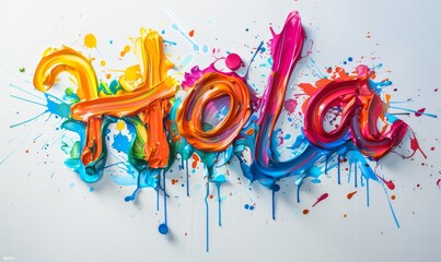 Hola - Hello in Spanish. Modern calligraphy inspirational text made from multicolored paints.