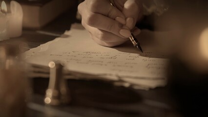 Female in antique outfit writes with feather pen. Close up shot of woman writing a letter with...