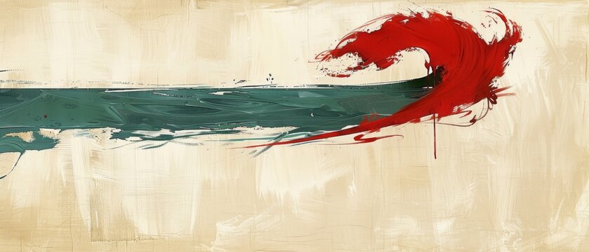  a painting of a red bird flying over a body of water with a wave coming out of the top of it.