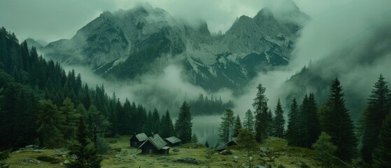  a foggy mountain scene with a cabin in the foreground and pine trees on the far side of the mountain.