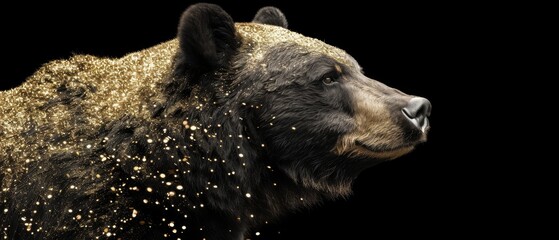  a close up of a black bear with gold flecks on it's fur and a black background.