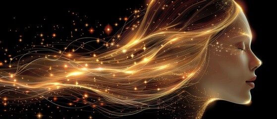  a digital painting of a woman's hair blowing in the wind with stars and sparkles in the background.