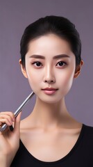 Asian woman with a beautiful face and Perfect clean fresh skin Portrait of female model using brush for makeup on Grey isolated background Cosmetology Body care plastic surgery - generative ai