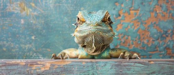 a close up of a lizard sitting on a wooden surface with a rusted wall behind it and a blue wall behind it.