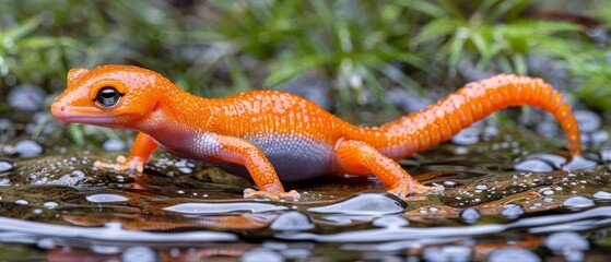  a close up of a small orange lizard on a rock in a body of water with grass and rocks in the background.