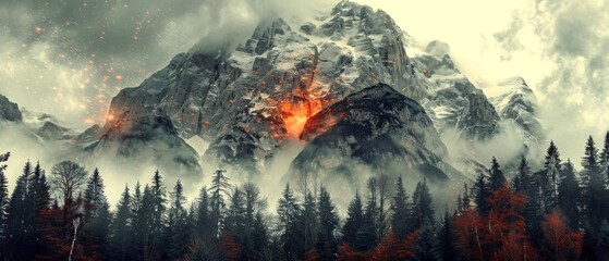  a mountain with a fire coming out of it's center surrounded by trees in the foreground and clouds in the background.