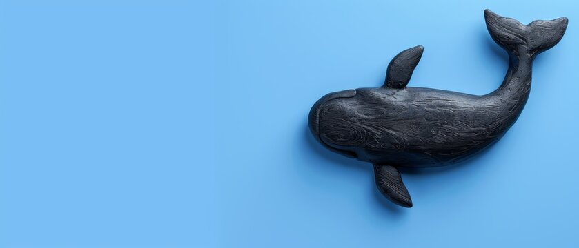  a black sculpture of a whale on a blue background with a small wave coming out of it's mouth.