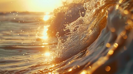 sunset sea curly breaking wave shining in sunlight