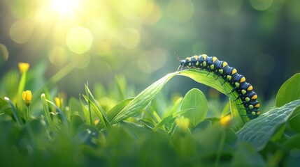  a close up of a caterpillar on a leaf in a field of grass with the sun in the background. - obrazy, fototapety, plakaty