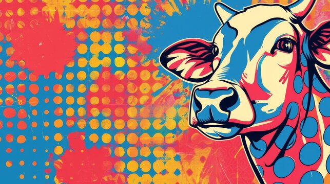  a painting of a cow with spots on it's face and a blue, red, yellow, and orange background.