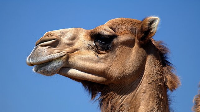  a close - up of a camel's face with a blue sky in the background of the image.