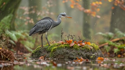 Fototapeta premium a bird standing on a mossy rock in the middle of a swampy area with leaves on the ground.