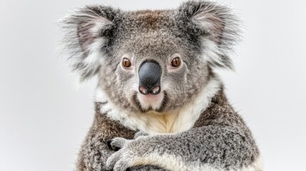  a close up of a koala bear with its arms crossed and eyes wide open, on a white background.