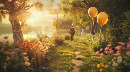 Modern wedding floral scene photos, flowers, balloons, green plants, bright colors, lakeside lawn background, vista, depth of field, realism
