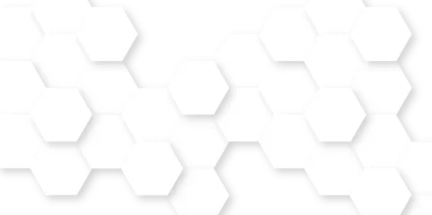 Fotobehang Abstract white background with hexagons pattern. White abstract vector wallpaper with hexagon grid. 3D technology Futuristic honeycomb mosaic white background.  © MOHART PARK