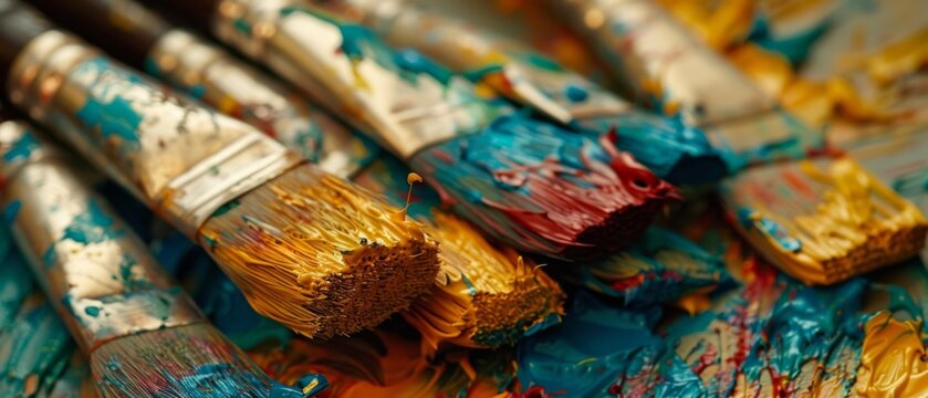  a close up of a bunch of paintbrushes with different colors of paint splattered all over them.