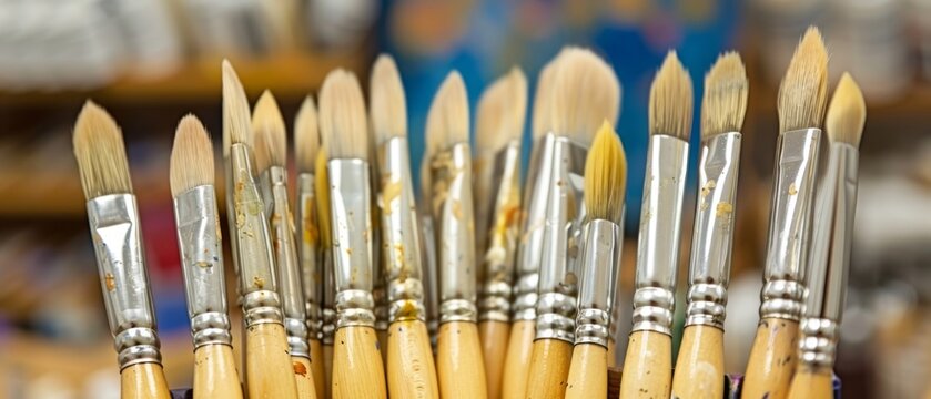  a close up of a bunch of paintbrushes in a cup with other paintbrushes in the background.