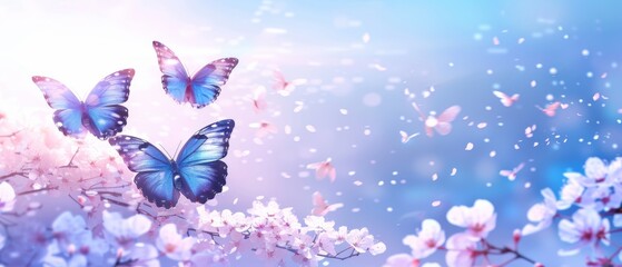  a group of butterflies flying over a bunch of pink and white flowers on a blue sky background with white and pink flowers in the foreground.