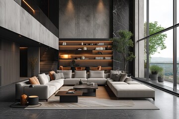 Moody luxurious penthouse loft living room interior with minimal modern designer styled furnitureMade with - obrazy, fototapety, plakaty