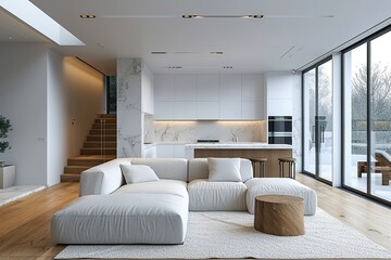 Penthouse living room and kitchen interior design, lounge with sofa and carpet, dining table, island with stools, parquet. Modern minimalist white architecture concept idea