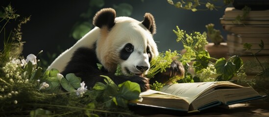 view panda reading book, learning concept