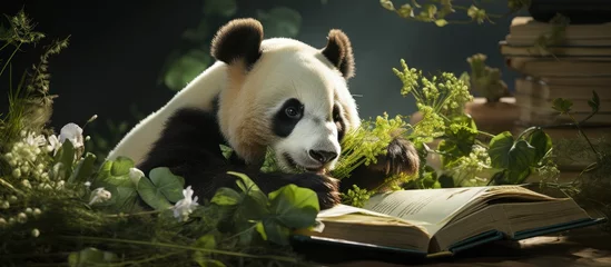 Deurstickers view panda reading book, learning concept © GoDress