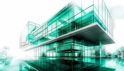 commercial real estate building, fintech, modern style, creative style, white background, aqua green accents 