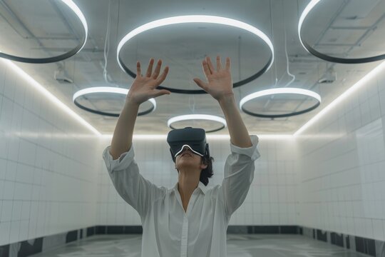 A woman wearing a virtual reality headset is reaching up to touch a light fixture. The room is empty and the woman is the only person in the space
