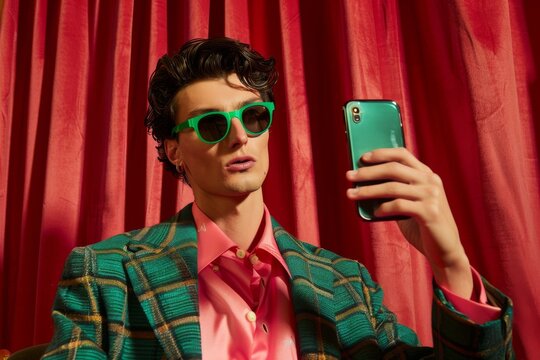 A man in a green jacket and sunglasses is taking a selfie with a green iPhone. The image has a playful and fun vibe, as the man is posing for the camera and holding a phone that is also green