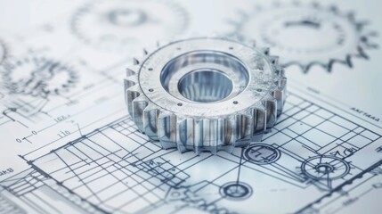 Precision gear mechanics on engineering blueprint - obrazy, fototapety, plakaty
