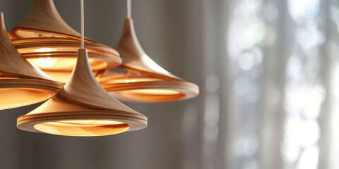 Scandinavian Wooden Pendant Light. Close-up of a Scandinavian style wooden chandelier light, simple background, copy space.