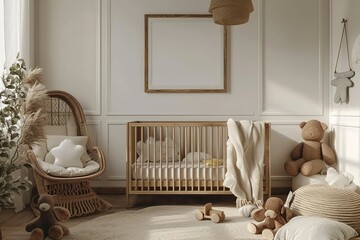 Stylish scandinavian newborn baby room with brown wooden mock up poster frame, toys, plush animal...