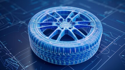 Detailed car tire and rim blueprint illustration