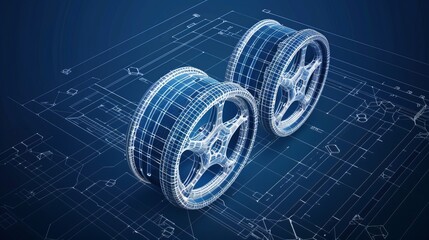 Detailed car tire and rim blueprint illustration