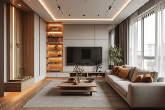 Stylish interior of modern living room with light wall