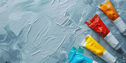 Spectrum of Oil Paint Tubes. A vibrant row of oil paint tubes, showcasing a rainbow colors....