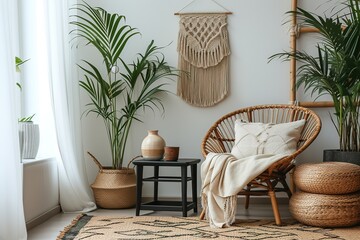 The living room has a modern and sleek design with a rattan armchair, a black coffee table, a tropical plant in a basket, a beige macrame hanging on the wall, and classy decorative items.