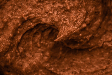 Chocolate souffle cocktail with nuts and banana. Protein smoothie shake close-up. Chocolate ice cream with nuts.