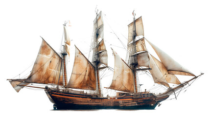 Wooden Sailing Ship on Transparent Background: PNG Design Element, Hand Edited Generative AI