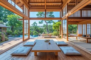 traditional Japanese house with a beautiful garden, wooden furniture Japan style. Interior of modern living room with wooden walls, wooden floor and terrace.