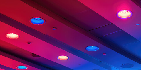 Vibrant Ceiling Round Lights. RGB colored lighting on a modern ceiling, colorful shadows, copy space. Installation of spot lighting.
