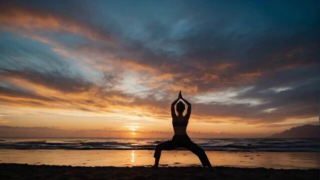 Silhouette of a serene person practicing yoga on the beach at beautiful sunset