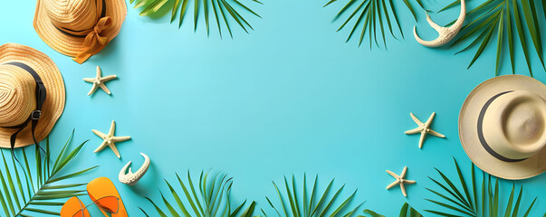 Top view flat lay of a summer background featuring starfish, oranges, beach hat, glasses, and palm leaves. A blue turquoise summer composition with space for copy or text. - obrazy, fototapety, plakaty