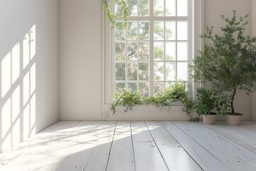 White empty room with summer landscape in window. Scandinavian interior design. 3D illustration - obrazy, fototapety, plakaty