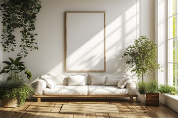 White minimalist living room interior with sofa on a wooden floor, decor on a large wall, white landscape in window. Home Nordic interior | Scandinavian interior poster mock up - obrazy, fototapety, plakaty