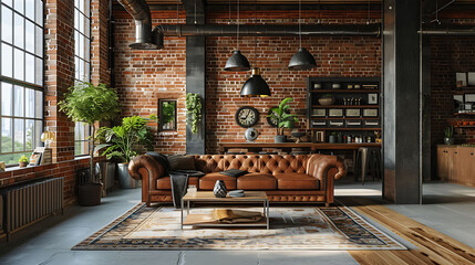 Cozy modern living room in an urban loft setting, characterized by exposed brick walls, industrial-style pendant lighting, and a comfortable leather sofa - obrazy, fototapety, plakaty